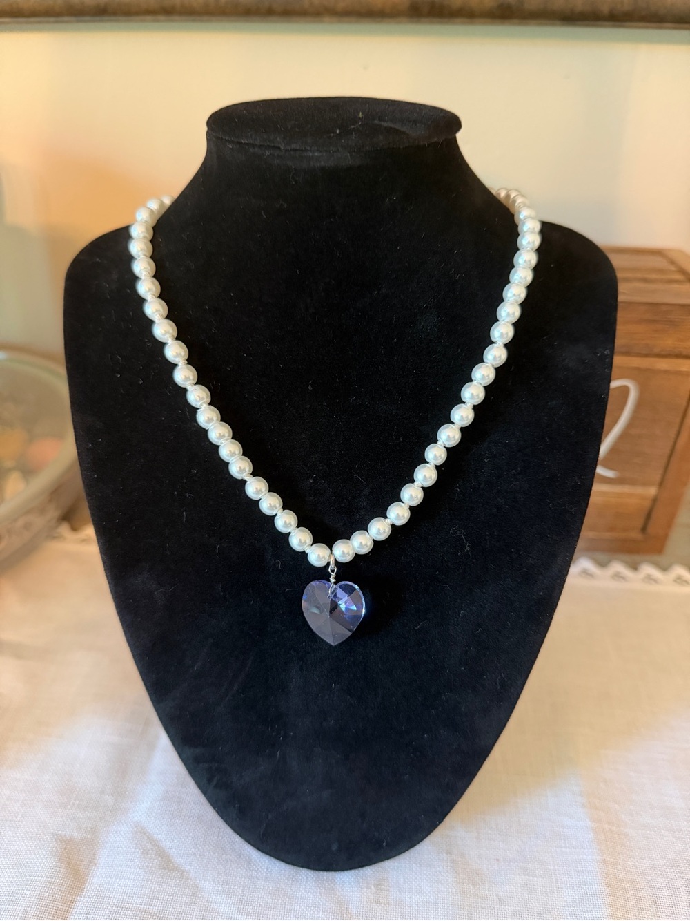 Faux Pearl Necklace with Lavendar Crystal Heart Pendant/ Matching Stud Earrings